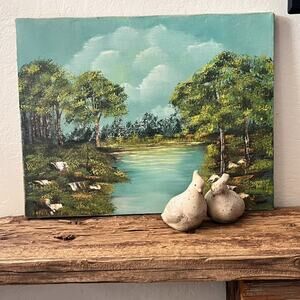 Original Oil Painted Canvas Landscape Calm River Scene 18x14"